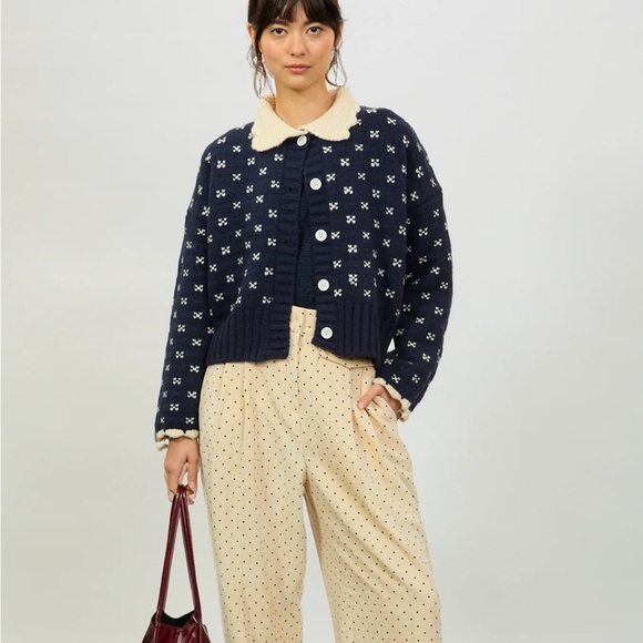&merci Sweaters - Elegant Navy and Cream Cardigan Sweater